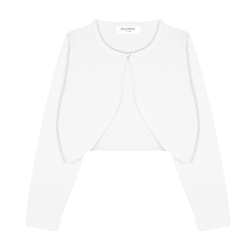Bolerose Mädchen Langarm Bolero Strickjacke Kinder (Weiß, 9-10 Jahre)