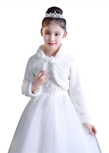 Ommda Mädchen Bolero Jacke Kunstpelz Langarm Warm Blumenmädchen Hochzeits Jäckchen für Hochzeit Party,Weiß,L...