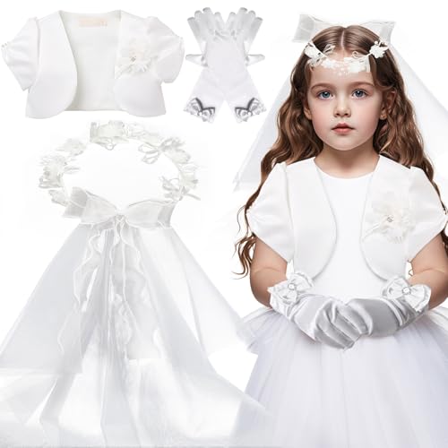 ZeiLaBang Kakadi Kommunion Mädchen Schulterjacke,Kommunion Haarkranz Haarband,Weiße Schleife Handschuhe,Hochzeit...
