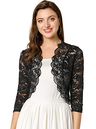 Allegra K Damen Spitzen Festlich Bolero 3/4 Ärmel Hochzeit Strickjacke Vorne Offen Crop Cardigan Shrug Schwarz M