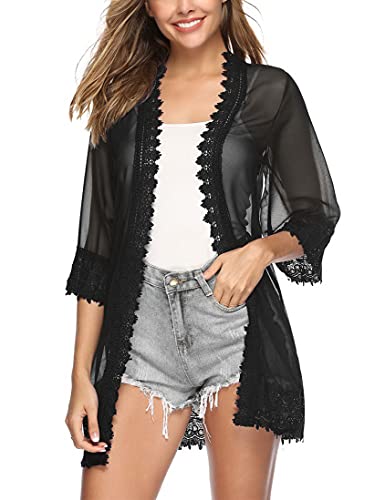 NC Damen Chiffon Cardigan Leicht Sommer Offene Front Bolero Lang Strand 3/4 Arm Strickjacke Beachwear Bikini Cover up...