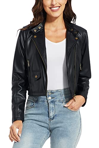 Fahsyee Kunstlederjacke für Damen - Kurze Schwarze Motorradjacke, Kastenjacke, Moto Biker Blazer, Schlankes Größen...