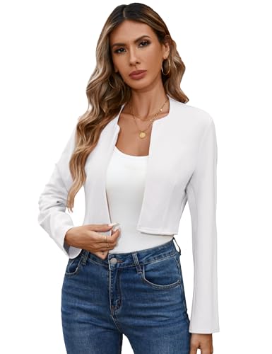 KOJOOIN Damen Bolero Kurze Strickjacke Elegant Langarm Festlich Schulterjacke Weiß L