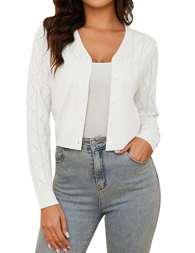 Irevial Damen Bolero Kurze Strickjacke Langarm Cardigan Elegante Jacke Stricken V-Ausschnitt mit Knopf Weiß XXL