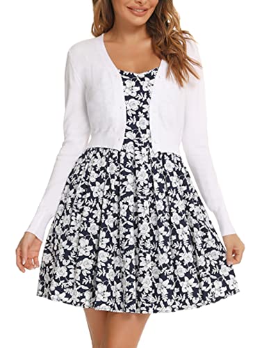 Yukiuiny Damen Bolero Jäckchen Elegante Kurze Langarm Trachten Strickjacke zum Kleid Weich Cardigan für Herbst,Weiß,M